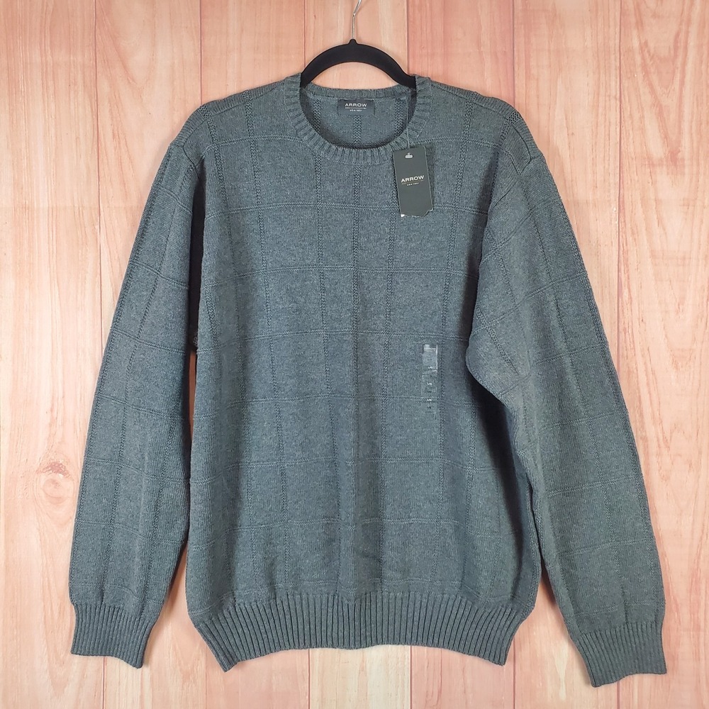 Arrow Mens Sweater Sz Large Gray Knitted Classic Crew Neck Long Sleeve Pullover